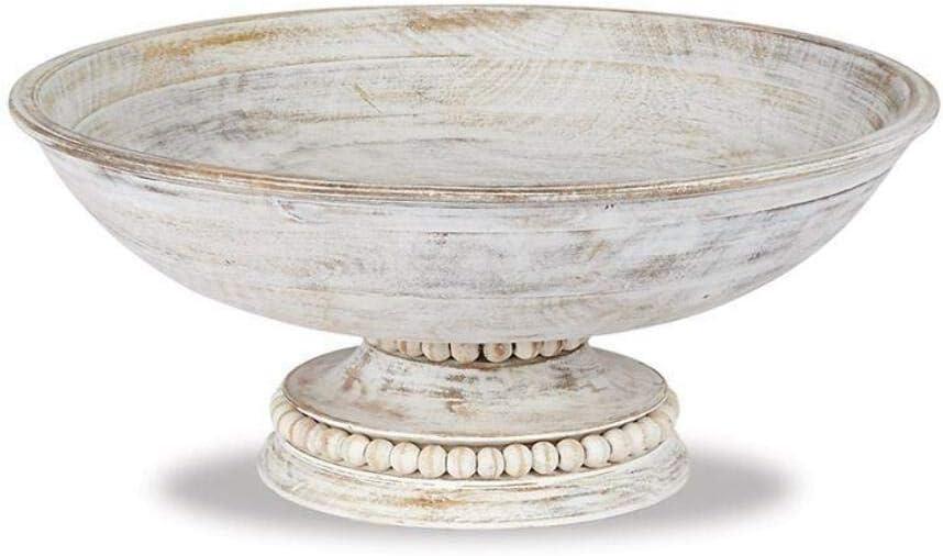 Mud Pie Beaded Wood Pedestal Bowl, White, 6" x 14" dia