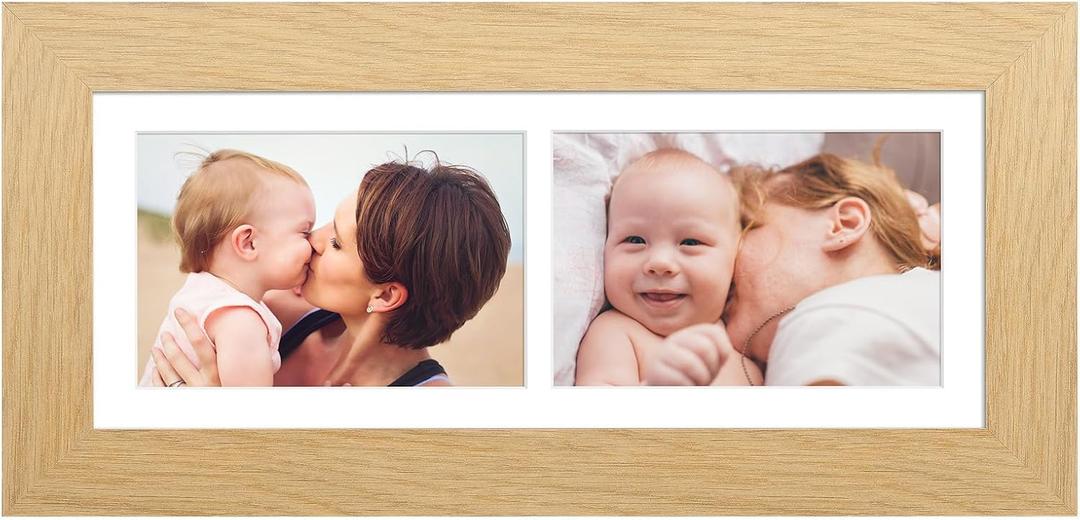 6x15 Picture Frame Display 2 opening 5X7 Double Picture Frame Collage,Multi Photo Frame with Mat,Plexiglass,Horizontal and Vertical Formats for Wall Decor,Natural Wood Grain