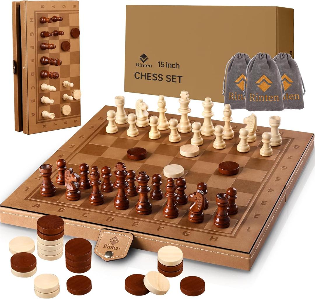 15" Magnetic Chess Set & Checkers Set 2 in 1Rinten Leather Portable Travel Chess Board Game Sets with Velvet Bag Packaging Beginner Large Chess Set for Kids and Adults