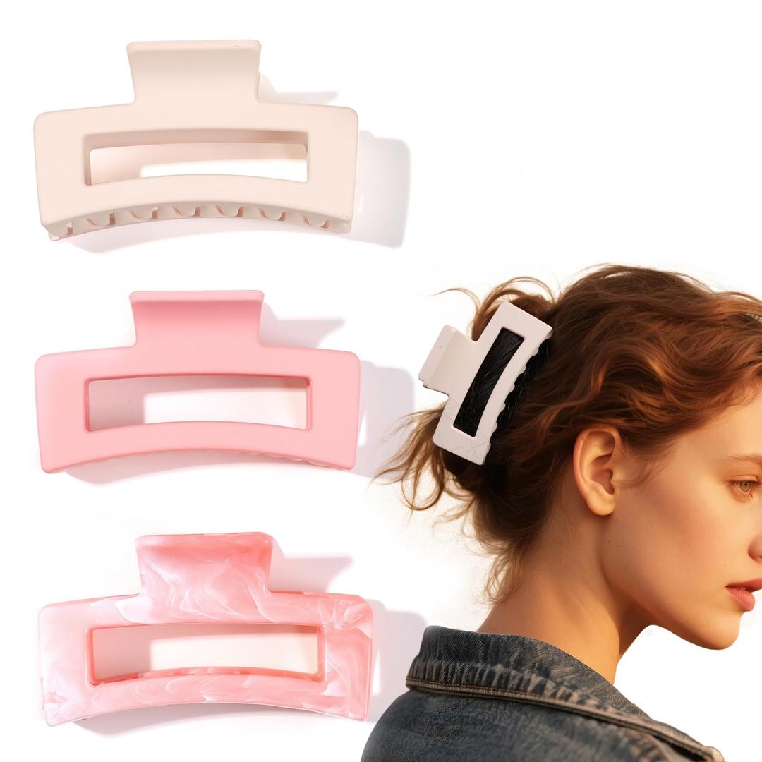 Hair Claw Clips for Women - 3 Pack Big Square Matte Claw Clips for Thick Thin Fine HairstylesNon-Slip Cute Durable Clamps Hair Accessories for Women Strong HoldNo Damage (2 Matte White Pink 1 Marble Pink Colors)