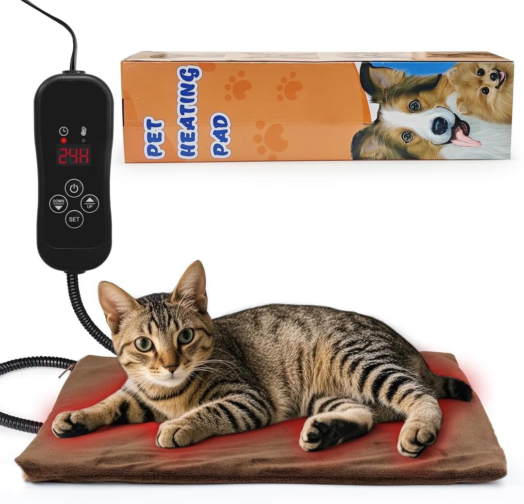 NAMOTEK Pet Heating Pad Adjustable Temperature with Timer, Waterproof Heated Mat with Chew Resistant Cord, Auto Power-Off Electric Indoor Pet Heat Pad for Dogs and Cats (15"x13")