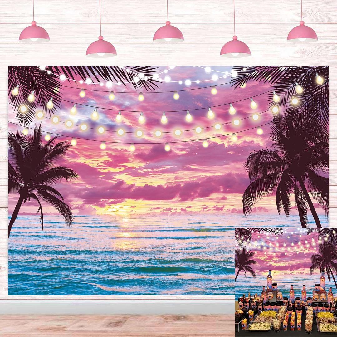Summer Beach Sunset Backdrop Hawaiian Tropical Palm Trees Seaside Pink Sky Photography Background Sunset Ocean Wedding Baby Shower Birthday Luau Party Decorations Photo Booth Props (8x6FT)