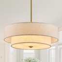 Gold Modern Chandelier 18'' Drum Chandeliers with 2-Layer Fabric Shade 4-Light Linen Pendant Light Fixture for Dining Room Bedroom Kitchen Hallway Foyer