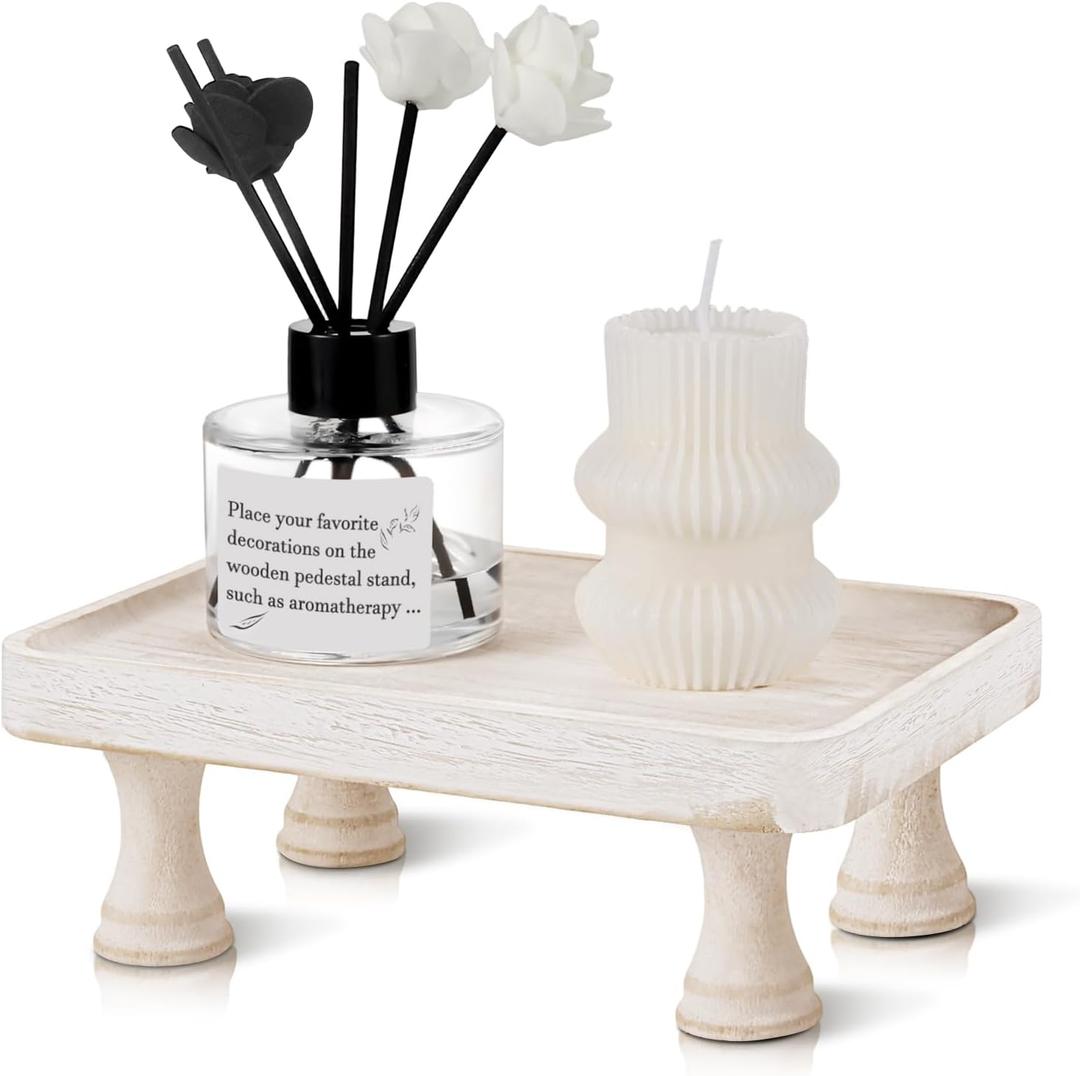 Wood Riser for Kitchen Counter, Farmhouse Riser for Display, Small Wooden Pedestal Stand, Rustic Riser Display Stand with Tool-Free Assembly, French Country Style (White)