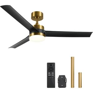 VONLUCE Ceiling Fans with Lights, 52 Inch Ceiling Fan and Remote, with 3 Blades 6-Speeds Noiseless Reversible DC Motor, Modern Ceiling Fan for Farmhouse Bedroom Patio Indoor Outdoor, Black Gold