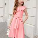 Arshiner Girls Dress One Shoulder Formal Ruffle Trim Birthday Party Dresses with Belted Pockets, Size 14