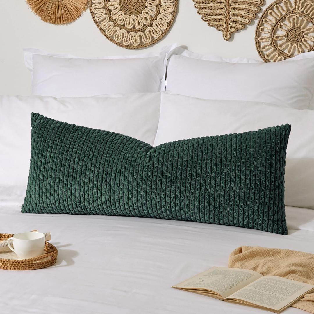 Kevin Textile 14x36 Inch Long Lumbar 1 Pack Boho Decorative Throw Pillow Cover Soft Striped Corduroy Rectangle Cushion Case Farmhouse Color Accent for Living Room Couch Sofa Bed, Army Green