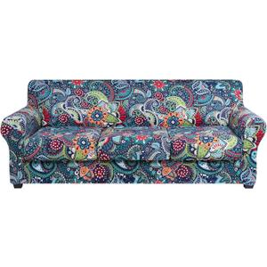 hyha Couch Cover, Floral Pattern, Stretch, Printed, 4 Pieces, Sofa Slipcovers, for 3 Separate Cushion Couch, Washable Furniture Protector for Dogs(Paisley Floral) (Large, Blue Green)