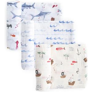 Little Unicorn Muslin Swaddle Blanket for Newborns & Infants | Soft & Breathable Fabric | Set of 3 Baby Blankets for Swaddling, Nursing, Shower Gifts (Shark)