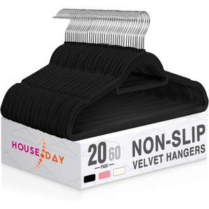 HOUSE DAY Velvet Hangers 20 Pack, Non-Slip Hangers with Tie Bar, Premium Standard Clothes Hanger Slim Felt Hanger 360 Swivel Hook for Closet Organized StorageElegance Black 72g/Pc