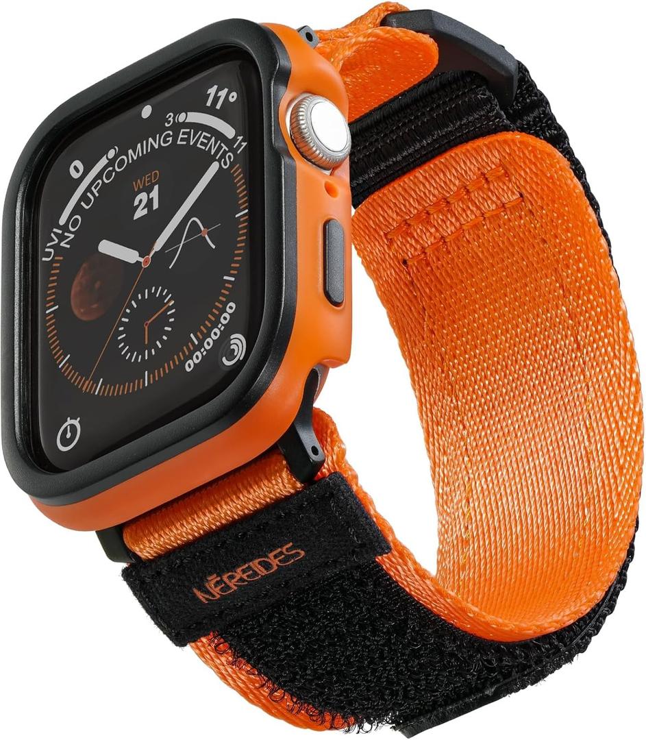 Rugged Case with Band for Apple Watch Series 10 Band 46mm, Hook and Loop Nylon Sport Strap with Case for Iwatch Men(Orange)