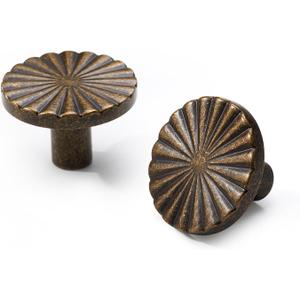Antique Brass Cabinet Knobs 2 Pack Vintage Round Drawer Pulls for Dresser, Closet, Bathroom & Kitchen, Aged Finish Solid Brass Hardware with Screws for Cabinets & Furniture