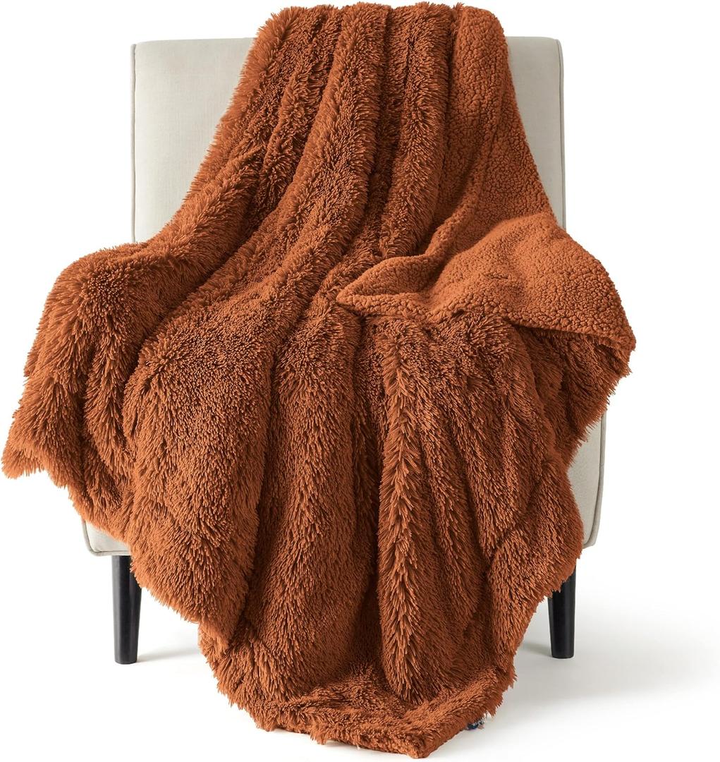 Bedsure Fuzzy Sherpa Faux Fur Twin Blanket Burnt Orange Cozy Gifts for Women Men, Soft Fleece Plush Warm Minky Thick Blanket Twin Size for Bed, Room Decor Dorm Essentials Orange Decor Gifts, 60x80
