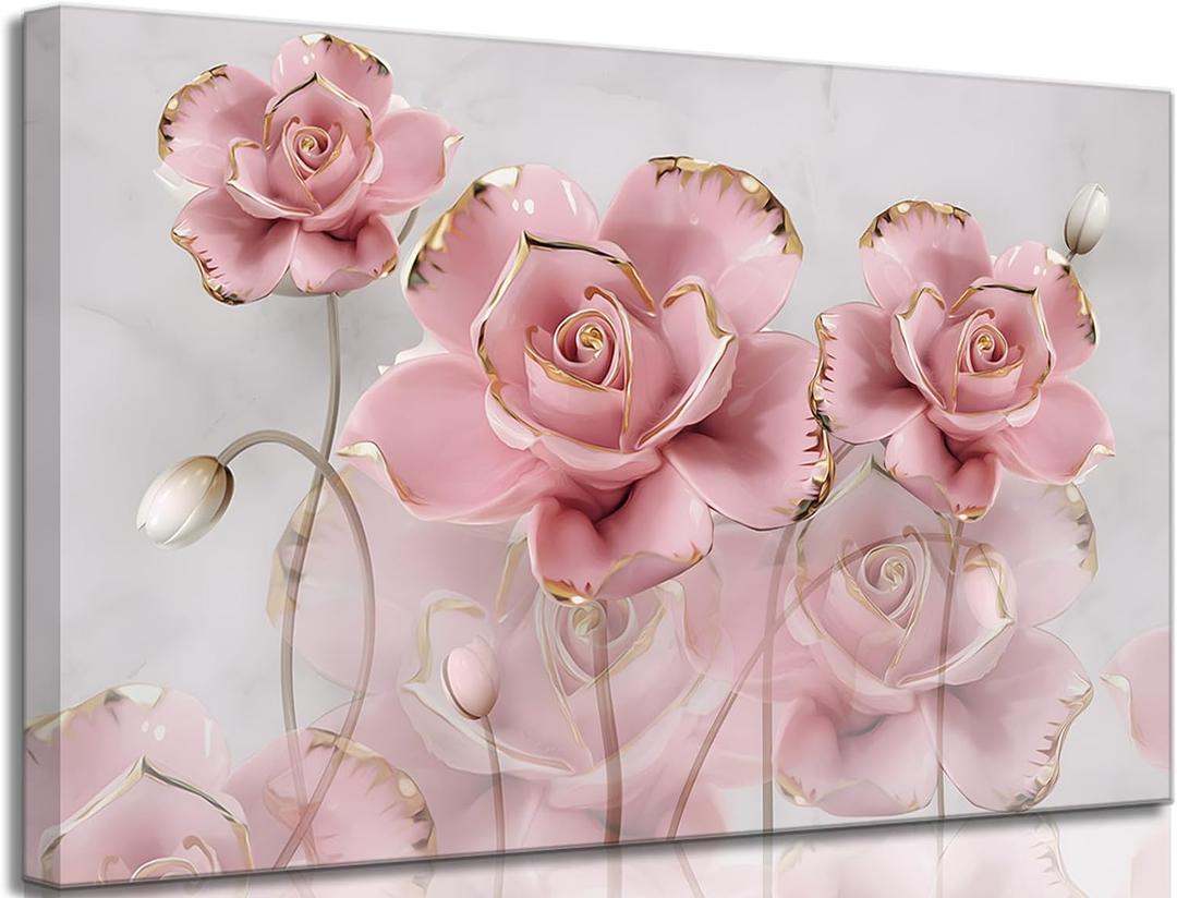 Modern Delicate Pink Gold Roses Canvas Wall art Flower Reflecting In Grey Marble Picture Wall Decor Poster Print Artwork for Living Room Bedroom Woman Room Home Decoration (24"L x 16"W)