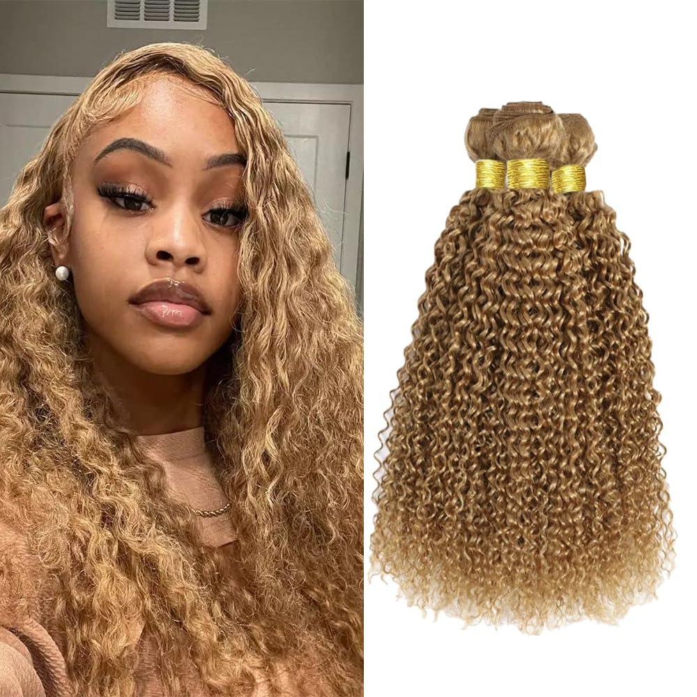 Color #27 Kinky Curly Bundles Human Hair Honey Blonde Curly Hair Bundles 12 14 16 Inch Blonde Brazilian Virgin Remy Hair Extensions