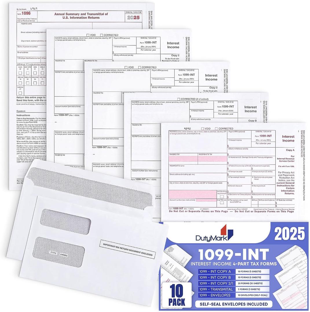 1099 INT Interest Tax Forms Set 4 Part 10 Pack for 2025 And Self-Seal envelopes. Kit For 10 Vendors, Laser Forms Designed for QuickBooks and Accounting Software