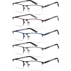 KONHAGO Blue Light Blocking Reading Glasses for Men, Half Frame Metal Readers Spring Hinge Eyeglasses Anti Eyestrain/Glare/UV