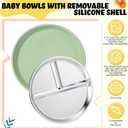 Nuogo 3 Pack Stainless Steel Suction Toddler Plates 9 Divided Baby Feeding Plates with Silicone Sleeve Non-slip Kids Dishes for Baby LED Weaning Self-feeding, Dishwasher Safe (Green,Orange,Purple)