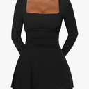 Women's Square Neck Mini Dress Long Sleeve Ruffle Hem Corset Ruched Waist Short Party Dresses, XL