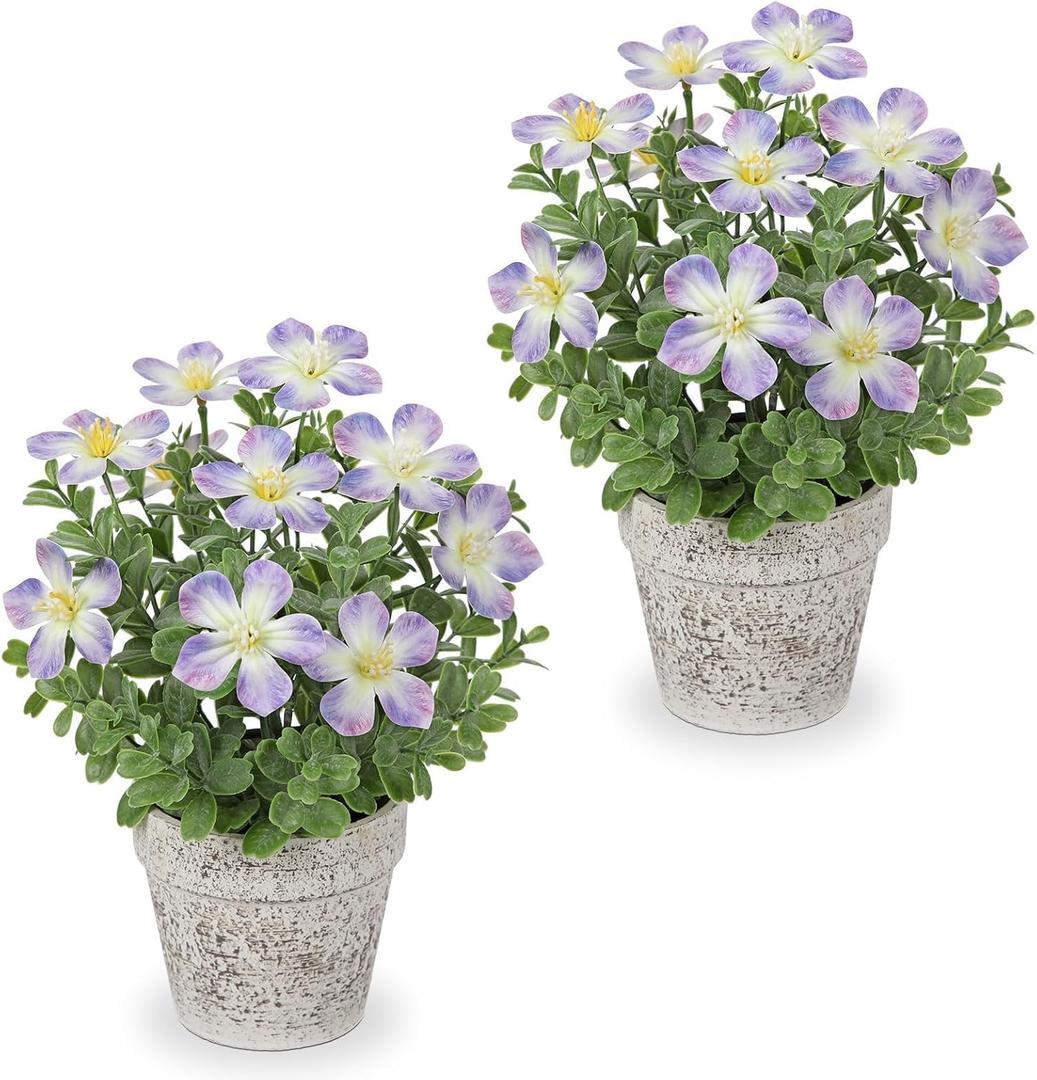 GnFlus Artificial Flower in Rustic Pot Purple Fake Cherry Blossom with Leaves Potted Plant Farmhouse Spring Decor for Home Living Room Shelf Decor Enterway Table Decoration 2 Pack