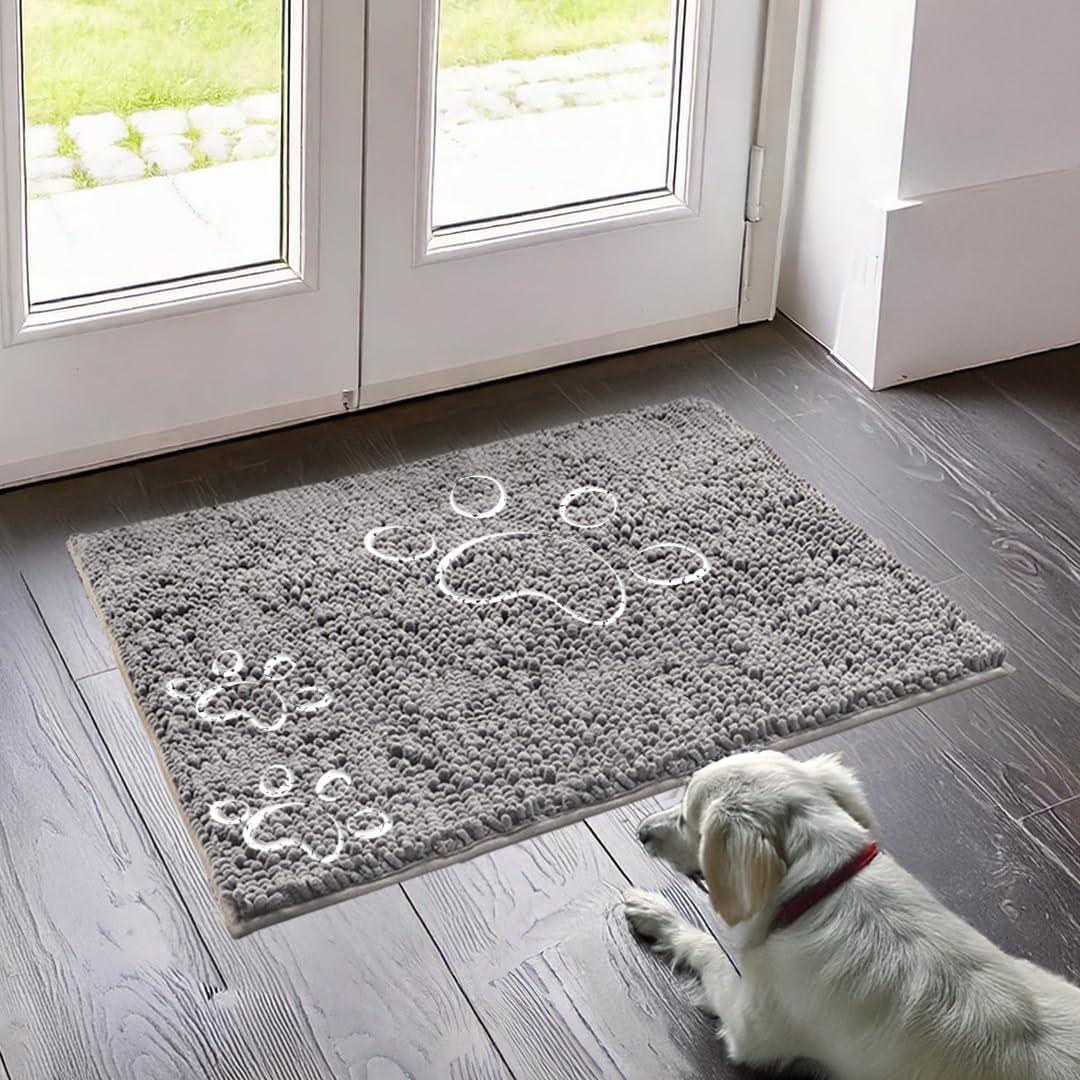 Muddy Mat Paw Dog Door Embroidery Mat Super Absorbent Microfiber Indoor Outdoor mat for Muddy Paws, Non-Slip Washable Pet Rug, Quick Dry Chenille Entryway Carpet, Machine Washable  Grey 19x30
