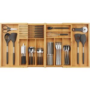 BAMEOS Expandable Silverware Drawer Organizer with Removable Knife Blocks, Bamboo Kitchen Utensil Holder from 21" to 36", Large Cutlery Tray with Divider for Forks, Spoons, Knives