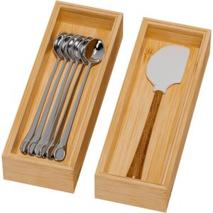 Lixple Bamboo Drawer Organizer for Kitchen Utensils, 2 Pack Stackable Cutlery Trays, Fits 1/2" Knives and Silverware, 10" x 3.5" x 2" (Outer), 9.3" x 2.8" x 1.3" (Inner)