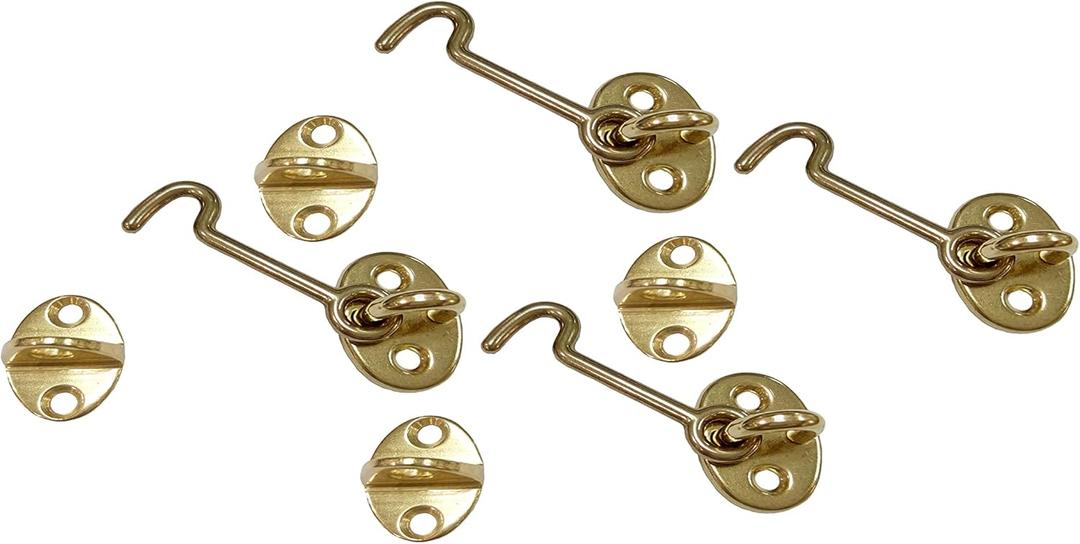 QCAA Forged Brass Cabin Hook Latch & Eye, 3", Vibrated Brass, 4 Pack, Made in Taiwan