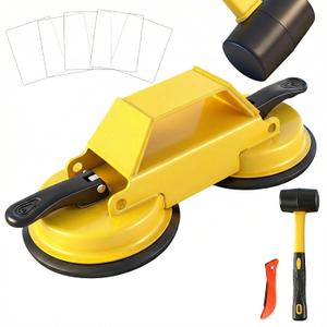 Floor Gap Fixer Tool Heavy Duty 45Striking Surface Floor Gap Repair Tool Made of Iron & Enhanced Suction Cup with Slot Cutter, Hammer and 5pcs Sticky Pads for Fixer Laminate/Vinyl Flooring Tools (Yellow)