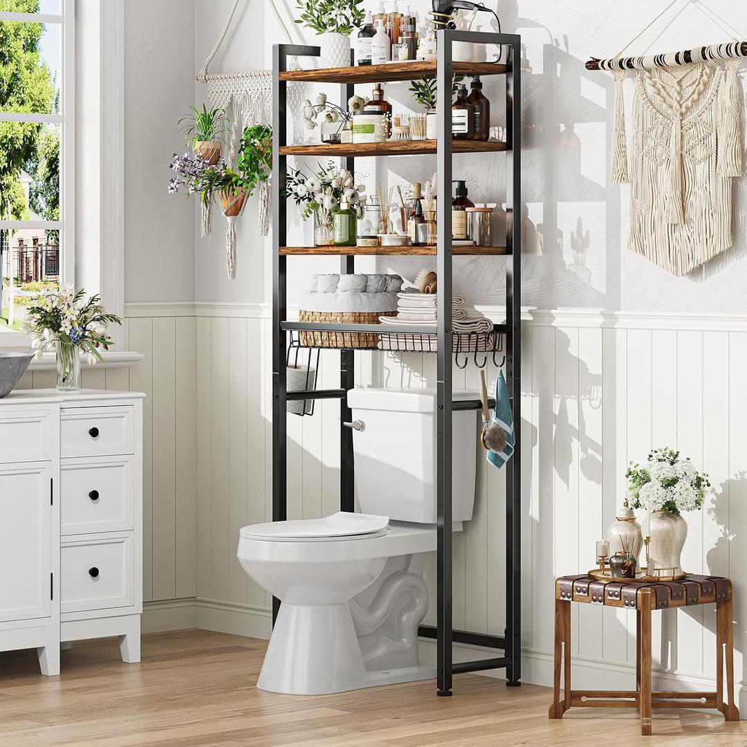 Ekisemio Over The Toilet Storage Rack, 4 Tier Over Toilet Shelf with Adjustable Feet, Freestanding Bathroom Organizer with Wooden Shelves, Hooks, Paper Holder, Vintage Brown, X-Large