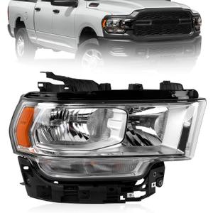 Chrome Halogen Headlights Assembly Compatible with 2019 2020 2021 2022 2023 2024 Dodge Ram 2500 3500 With bulb Left Driver Side Headlamp OE CH2502334 68360177AE 68360177AD