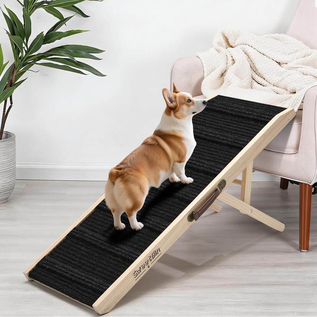 Dog Ramp for Bed - Foldable Small Medium Dog Ramp for Couch - 6 Adjustable Height from 13" to 22" - Stairs with High Traction Mat& Platform - Wooden Ramp for Dogs to Get on Bed Couch Car Up to 110LB