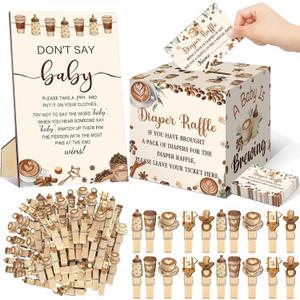 Dispowreath 102 Pcs Coffee Baby Shower Game Supplies Diaper Raffle Tickets with Diaper Raffle Card Box Don't Say Sign Mini A Baby Is Brewing Clothespin Game Decor for Gender Reveal Favor