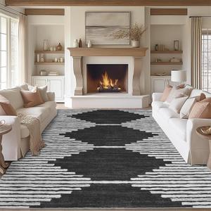 HelloTree Area Rug for Living Room 8x10 Washable Geometric Moroccan Rug Stripe Farmhouse Bohemian Minimalistic Non Slip Non Shedding Ultra Thin Soft Rug for Bedroom Office DiningRoom Nursery-Black
