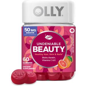 OLLY Undeniable Beauty Gummy, For Hair, Skin, Nails, Biotin, Vitamin C, Keratin, Chewable Supplement, Grapefruit, 30 Day Supply - 60 Count (BB: 06/05/2026)