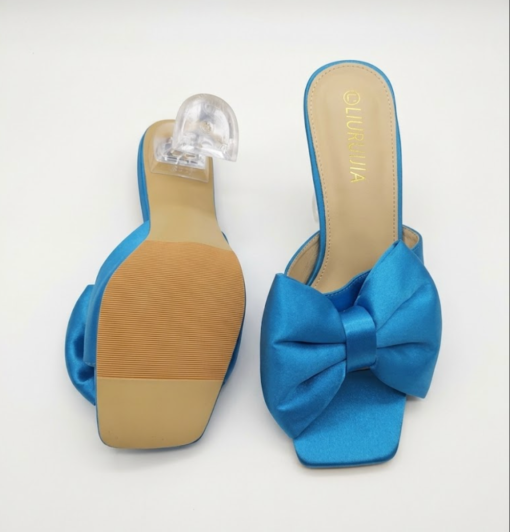 LIURUIJIA Women's Square Open Toe Bow Mule Heels, Wedding Bridal Heeled Sandals Prom Dress Shoes for Evening Party. Size (9.5)
