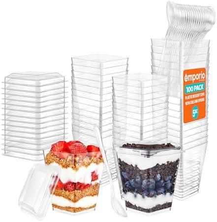Emporio Kitchen 5oz Plastic Dessert Cups with Lids and Spoons - Appetizer Cups for Pudding, Parfait, Ice Cream, and Cocktails, BPA-Free, Clear Reusable Serving Cups, Elegant Design, Pack of 100