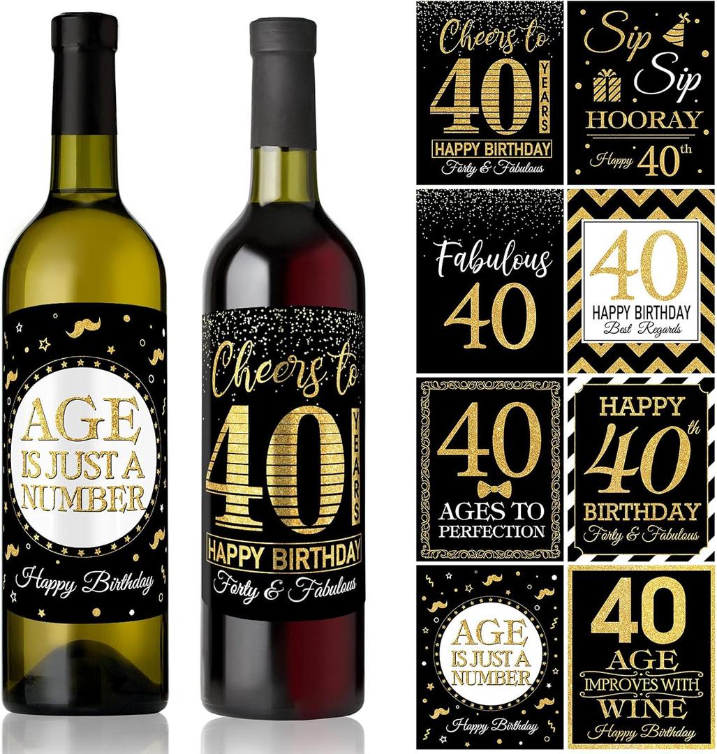 40 Pieces Happy 40th Birthday Wine Bottle Labels Stickers, Gold and Black 1982 Bday Cheer to 40 Years Party Decoration for Adult Women Men Husband 40th Birthday Party Supplies