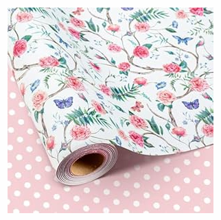 Retrify Pink Flowers Wrapping Paper Roll - 17 Inches x 32.8 Feet Mini Roll Cute Butterfly and Polka Dots Gift Wrap Paper for Mother's Day, Wedding, Birthday, Baby Shower, Holiday
