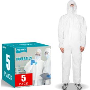 FURWEY Hazmat Suits 5 Pack Disposable Protective Coveralls, with Elastic Wrists, Ankles and Hood, (3X-Large)