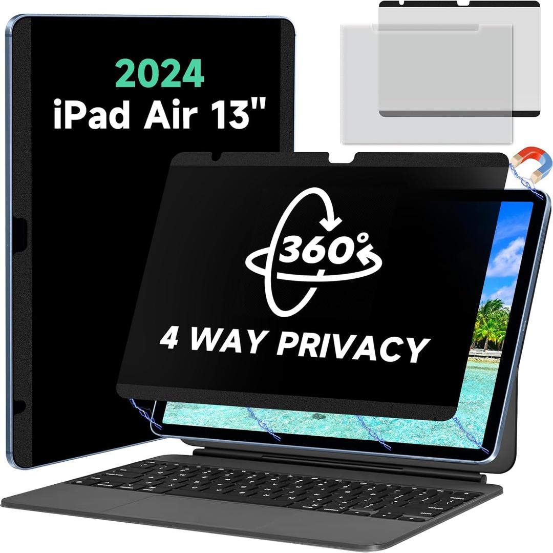 Magnetic 360 Privacy Screen Protector for iPad Air 13 Inch M2/M3 (6/7th Generation, 2024/2025), Case Friendly Blue light Blocker Anti-glare Eye Strain Filter, Removable Anti Spy Film Support Apple Pencil