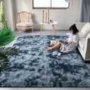 DweIke Fluffy Blue Grey Rugs for Bedroom Living Room, 8x10 Large Soft Plush Shaggy Tie-Dyed Navy Blue Gray Girls Boys Kids Rug, Upgraded Non-Slip and Machine Washable Carpet for Dorm Nursery Decor