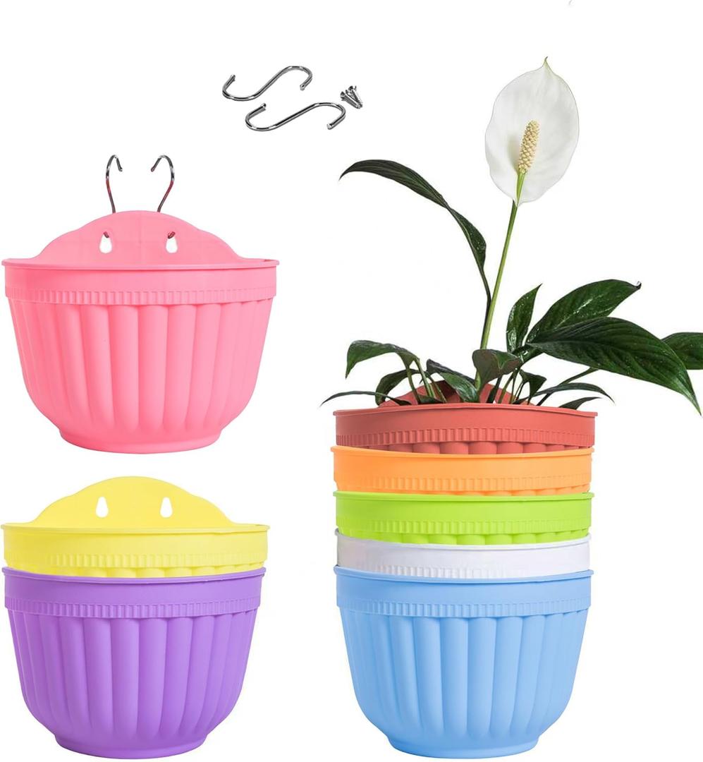 8 Pack Hanging Planters Wall Planters for Indoor Outdoor Plants, Colorful 8 inch Plant Pot with Drainage Hole, balcony planter railing hanging Pot, Plant Wall Mount Home Dcor with Accessaries