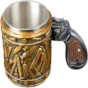 Stainless Steel Bullet Pattern Beer Mug, Bullet Tumbler, Revolver Gun Bullet Beer Cup, Pistol Shape Handle Coffee Tea Mug Wine Glasses, Creative Gift for Dad Men Veteran Souvenirs