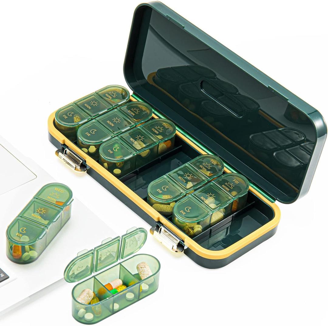 Pill Organizer, Weekly Pill Dispensers, 3 Times A Day, 7 Day Pill Box, Large Compartments Travel Pill Container, Moisture-Proof Medicine Dispenser Pill Case for Fish Oil Vitamins (Dark Green)