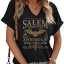 Womes Salem Apothecary V Neck Shirt Fall Halloween Witches Graphic Short Sleeve Tee Salem 1692 Holiday Family Matching Autumn Tops(M, H-Black)