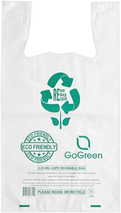 100 Count Biodegradable & Reusable T-Shirt Bags with Handles  Extra Heavy Duty 57 Micron (2.25 mil) White Shopping, Retail, Food Trucks & Restaurant Bags, 11.5" x 6.5" x 21" Eco Friendly
