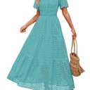 ZESICA Women's 2026 Summer Short Sleeve Maxi Dress Casual V Neck Hollow Out Eyelet Ruffle Swing A Line Long Dresses,Aqua,Large