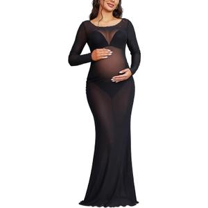 Bhome Maternity Photoshoot Dress Long Sleeve Sheer Mesh Maternity Maxi Gown Babyshower Black XL