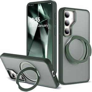 Compatible with Samsung Galaxy S24 Case with 360Rotatable Magnetic Ring Stand Compatible with Mag-Safe Military Protection Shockproof Translucent Phone Case for S24 6.2",Dark Green